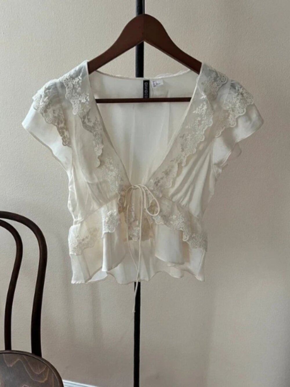 H&M Flounced Trimmed Satin Blouse - Small - Cream